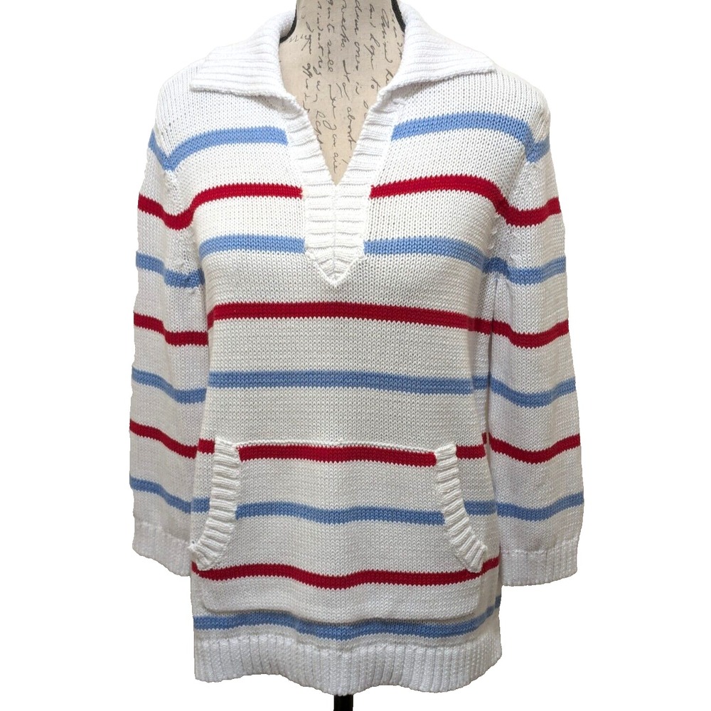 Talbots Sweater Large Petite  White Red Blue Stripe  Cotton Poly Beach  Nautical